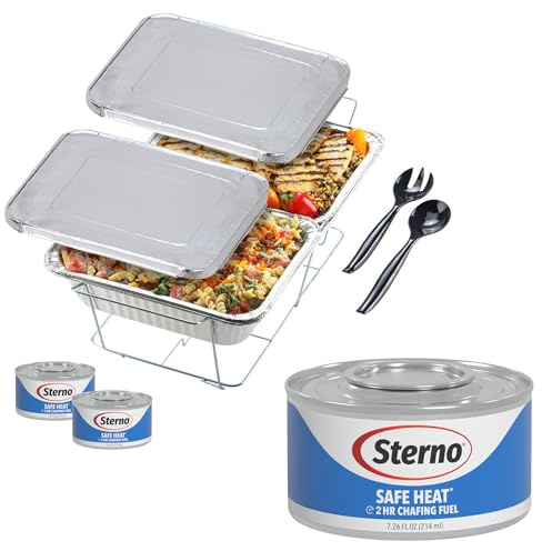 Sterno Disposable Complete Chafing Dish Buffet Set, 6-Hour Chafer Fuel Wick, Food Warmers, Warming Trays, Lids & Serving Utensils