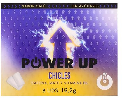 WUGUM POWER UP - Chicle Funcional Ultra Energético con Cafeína, Mate y Vitamina B6 - Mejora Concentración y Resistencia - Reduce el Cansancio - Sin Azúcar - Formato Blister
