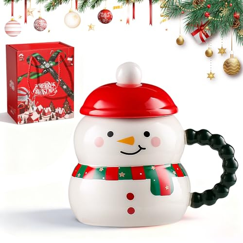 Shyllin Taza Navidad, Taza de Café de Navidad, Lindo Taza Desayuno Navideño de Cerámica con Tapa y Cuchara, Taza de Café con Motivo Navideño 450ML, Christmas Mug, Regalos Navida/d (BXR)