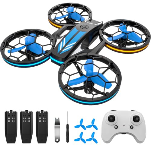 Drones - RC Drone with Auto Hovering and Headless Mode, Quadcopter with LED Light, Propeller Full Protect, 3D Flips, 3 Batteries, Remote Control, Best Gifts