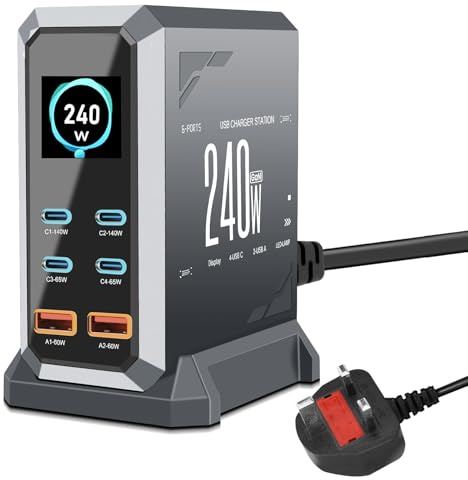 Wowfast 240W USB C Charger Block - 6 Port Multi Port USB C Fast Charging Station, GaN PD 140W 65W/QC 60W Laptop Charger Hub with LCD Display for MacBook, iPad, Galaxy, iPhone 17/16/15 Pro(Gray)