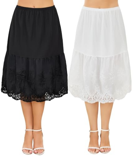 Sopesil Jupons Femme Pack de Deux Pièces Coton Midi Broderie Dentelle Jupe sous Robe Taille Élastique Confortable A-Ligne De Fille Été Blanc & Noir XXL