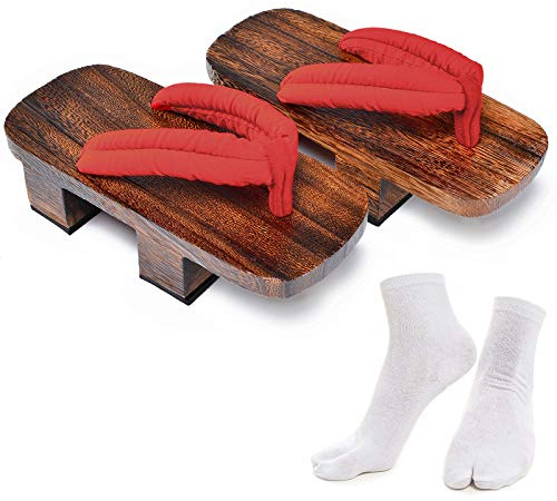 Azumasun Japanische Holzclogs mit Tabi-Socken für Damen und Herren, Braun und Rot, 9-10