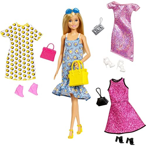 Barbie Bambola con 4 Outfit Diversi e Accessori, Giocattolo per Bambini 3 + Anni, GDJ40