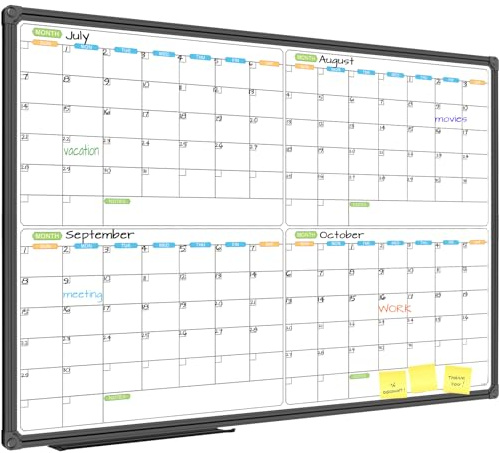 JILoffice Magnetic Dry Erase Calendar Whiteboard, 4 Month White Board Planner 36 X 24 Inch, Black Aluminum Frame Wall Mounted Board for Office Home and School