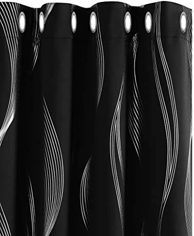 Deconovo Curtains 90 Drop Super Soft Wave Line Foil Printed Thermal Insulated Blackout Curtains Window Treatment Eyelet Curtains for Children 66 x 90 Inch Black Two Panels