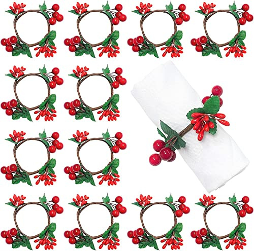 KAHEIGN 12 Pièces Ronds de Serviette de Noël, Porte-Serviettes Aux Fruits Rouges Boucle de Serviette Rustique pour Décoration de Table de Noël Déjeuner Thanksgiving Nouvel an Saint Valentin Mariage