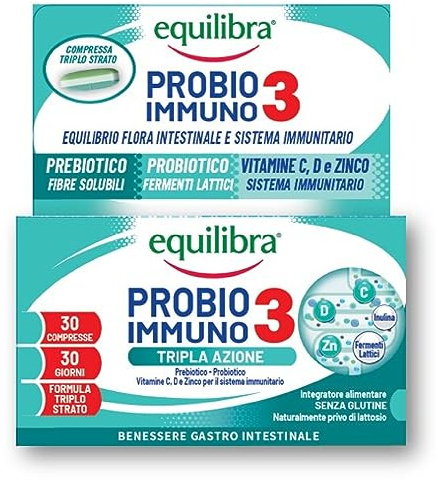 Equilibra Integratori Alimentari, Probio 3 Immuno, Fermenti Lattici Probiotici e Prebiotici per Flora Intestinale con Vitamine C, D e Zinco, 30 Compresse Triplo Strato Rilascio Graduale con Pre-Taglio