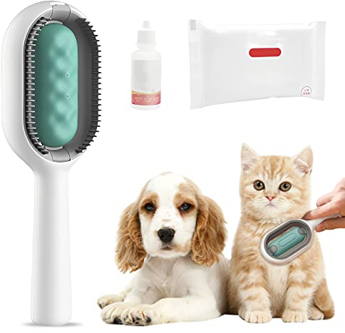 Hekasvm Katzenbürste Mit Wassertank, Tierhaarentfernungskamm, Reinigungsbürste Für Tierhaare, Multifunctional Tierhaarentferner 4 in 1, Ideal Für Massage, Pflege Und Haarentfernung (Kurzhaar/Blau)