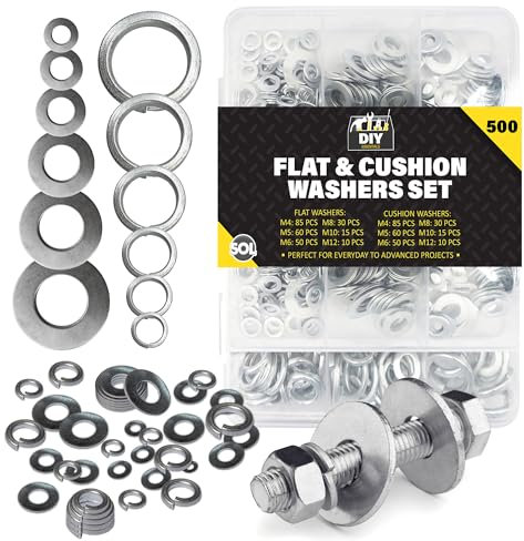 SOL 500pk Flat & Cushion Washers Set – Includes M4, M5, M6, M8, M10, M12 – Stainless Steel Spacers for Screws, Bolts, Nuts, DIY, Plumbing, Automotive, Machinery, Construction & Repair Projects
