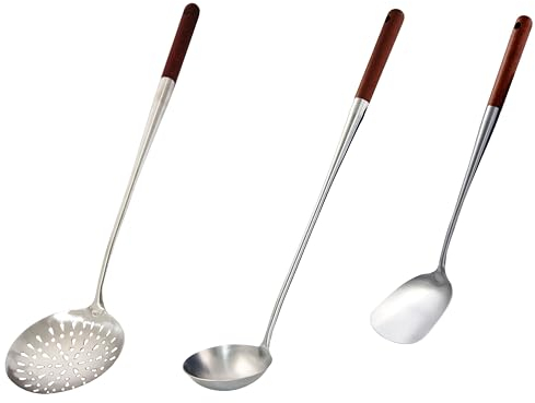 3er Edel Luxus SET für Kazan Kasan Schaumlöffel + Schöpflöffel 50 cm lang + Küchenspatel 43cm Holz-Griff Schaumkelle Suppenkelle