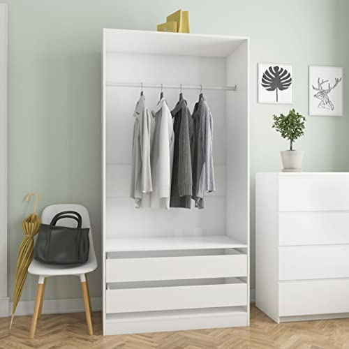 Gecheer Kleiderschrank Wäscheschrank Mit 2 Schubladen und 1 großes Fach Mit Hängestange,Campingschrank Garderobenschrank Flurschrank 100 x 50 x 200 cm,Spanplatte,Hochglanz-Weiß