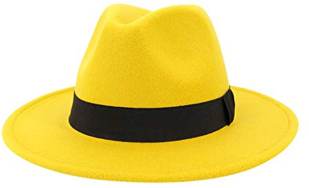 Cappelli Fedora per donne e uomini, cappelli stile fedora a tesa larga con nastro solido per donne e uomini, cappelli jazz britannici per uomini, giallo 2, M