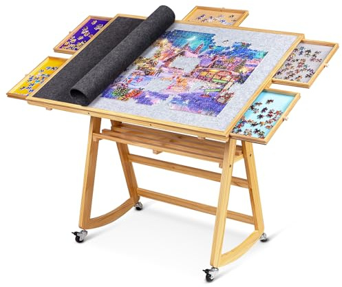Lavievert Tavolo puzzle inclinabile da 1500 pezzi con 5 cassetti colorati e copertura, tavola puzzle regolabile in legno con spazio per adulti, tavolo puzzle portatile con gambe, 4 ruote e piano