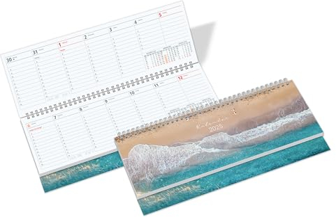 PRIMUS PRINT Tischkalender 2025 Quer Wochenkalender – Terminkalender und Jahreskalender – 297x130mm, 75g Naturpapier, 64 Seiten, Drahtkammbindung, Feiertage und Schulferien - [Einzeln - Strand]