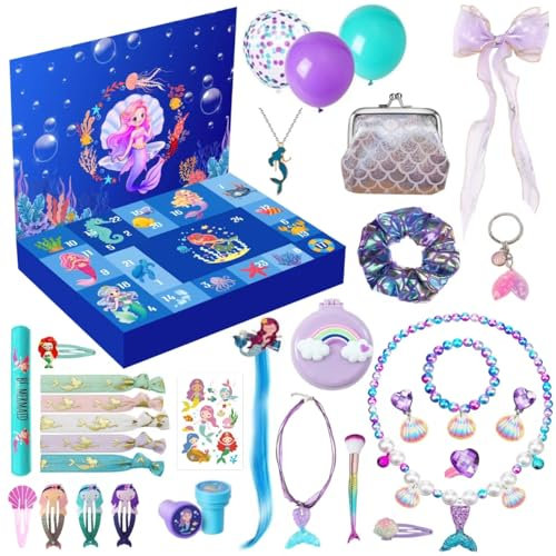 Adventskalender Meerjungfrau Adventskalender 2024 Kinder, 24-tägiger Weihnacht Countdown Überraschungspaket mit Schmuck Haarschmuck Spielzeug Kinder-Adventskalender 2024 Mädchen