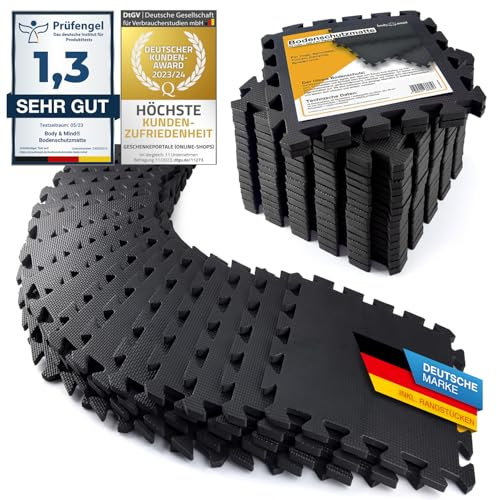 Boden-Schutzmatten XXL Set; Fitnessmatte Bodenschutz Puzzle-Matte; Unterlegmatte für Fitnessgeräte + GRATIS Anti-Rutschmatte; Trainingsmatte & Sport-Matte für Fitnessraum Keller Garage ca. 2m² Schwarz