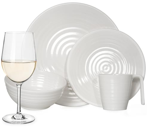 Vajilla de melamina para camping, 4 personas, color crema, 16 piezas + 4 vasos de vino Timo blanco, vajilla de mesa de pícnic, barbacoa