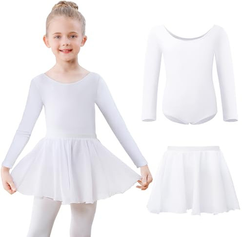 Kefiyis Ballettkleidung Mädchen Ballettkleid Langarm Ballettanzug Kinder Balletttrikot Tanzkleid Baumwolle Tanzbody mit Ballettrock Tütü Ballerina Kleid 3-11 Jahre Weiß 130