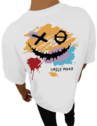 Maglietta da uomo a maniche corte, estiva, in cotone, casual, con scollo rotondo, maniche corte, per l'estate con lettere e stampa facciale, canotte da uomo fitness, bianco, XXS