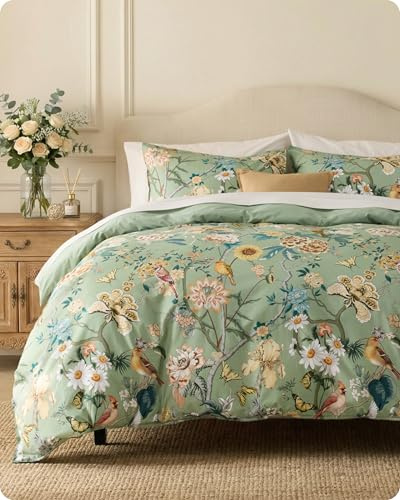 Bedsure 100% Cotton Reversible Floral Duvet Cover Queen Size - Flowers and Birds Pattern Printed Comforter Cover with Zipper Closure & 2 Pillow Shams, Comforter Sold Separately (Green Garden, 90x90)