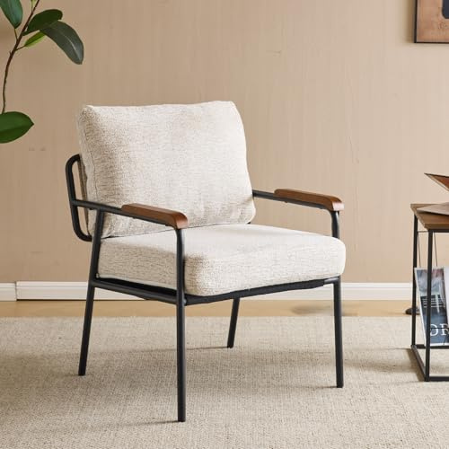 Bonnlo Accent chair, Mid-Century Metal Frame Armchair, Occasional Reading Chair with Coushions and Wooden Armrest, Armchairs for Living Room, Bedroom, Dining Room, Green (1, Beige)