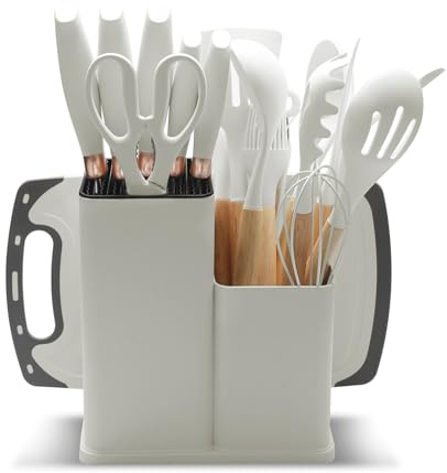 Juego de cuchillos de cocina 19 piezas con utensilios de cocina de silicona 5 cuchillos 12 accesorios antiadherentes 1 tijera tabla de cortar y soporte para ollas antiadherentes (Blanco)