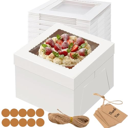 Set di 5 scatole per torte, 30,5 x 30,5 x 20,3 cm, con finestra, set completo per il trasporto di torte con 5 tavole rotonde bianche, adesivi, corda e targhette per torte, pasticcini (12 x 12 x 8