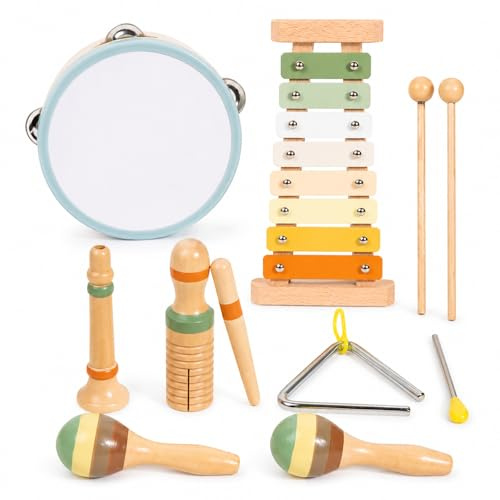Wooden Musical Instruments, 12-Piece Montessori Percussion Set for Kids 3+