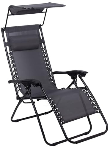Todeco Transat de Jardin Pliable avec Pare-Soleil, Chaise Longue Inclinable Multiposition, Bain de Soleil Relax en Textilène Respirant avec Repose-Tête et Accoudoirs, pour Plage, Camping, Gris