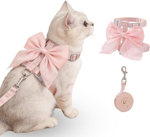 Harnais Et Laisse pour Chat, Noeud Rose Harnais pour Chat, Harnai pour Chats Anti Evasion, Convient Aux Promenades en Extérieur, pour Les Chats Pesant de 3,5-6 KG (Rose M)