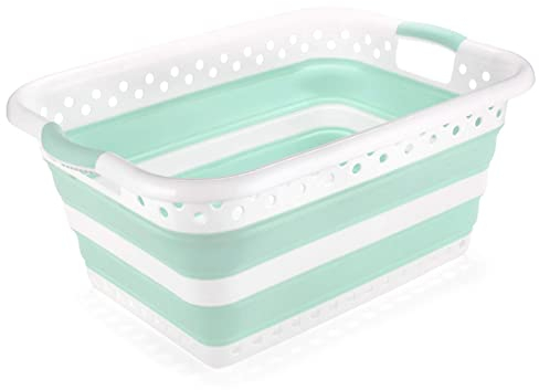 Addis 517934 Foldable Rectangular Laundry Basket, White & Aqua Haze, 45 litre