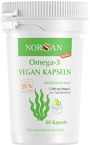NORSAN Premium Omega 3 Vegan Kapseln 80 Stück - 1.700mg Omega 3 pro Tagesdosis - vegane Algenöl Kapseln mit hohem EPA- & DHA-Anteil - Algenöl aus nachhaltigem Anbau