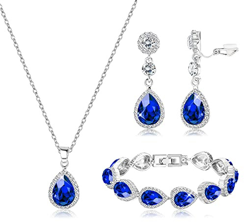 MILACOLATO Bridal Jewelry Set Wedding Crystal Necklace Bracelet Clip On Earrings Set Rhinestone Pendant Teardrop Dangle Clip On Earrings Prom Bridal Party Bridesmaid Jewelry Set for Women Blue