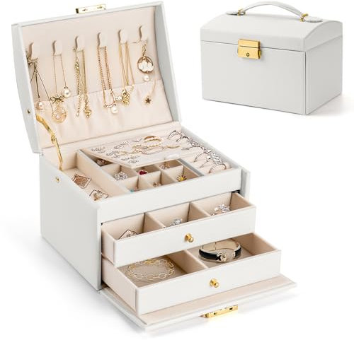 Aidodo Schmuckkästchen 3 Ebenen, Schmuckkasten mit 2 Schubladen, PU Leder, Schmuckaufbewahrung für Ringe, Ohrringe, Halsketten und Uhren, Schmuckschatulle mit Schloss und Schlüssel