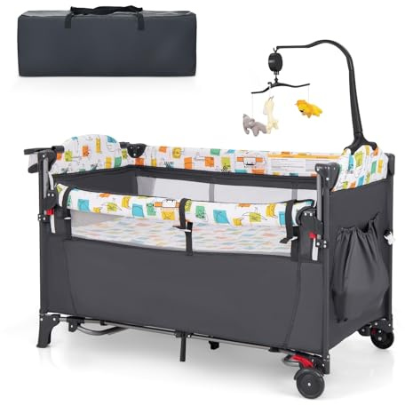 DREAMADE 5 in 1 Reisebett mit Matratze 120 x 60cm, Höhenverstellbar Beistellbett mit Wickeltisch, Spieluhr & Spielzeug, Babybett Babyschaukel für Baby ab Geburt (Grau)
