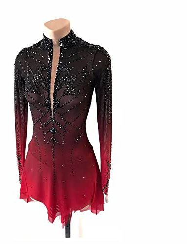 JRUIA Girls' Ice Skating Dress Black Red Halo Dyeing Professional Competition Figure Skating Wear Rhinestone Long Sleeve,Black,S