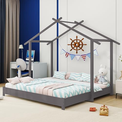 KecDuey Hausbett 90/180 x 190cm Holz Ausziehbares Kinderbett für Jungen & Mädchen Massivholz Kinder Bett umbaubar Bodenbett mit Lattenrost (Grau)