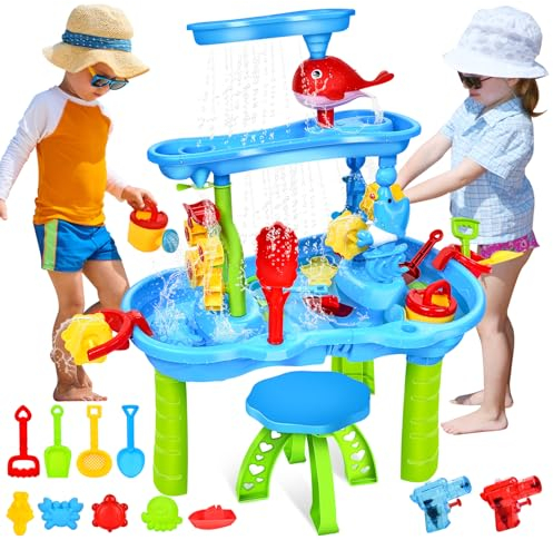 JONRRYIN Sand Wassertisch für Kleinkinder, 3-Tier Kinder Sand Wassertisch Spielzeug, Wasserspieltisch Outdoor Strandspielzeug, Groß Spieltisch Sommer-Wasserspielzeug für Jungen Mädchen 3 4 5 6 7 Jahr