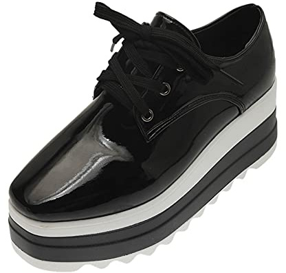 Lightning Deals of The Day Today Sale,Platform Trainers for Women,Comfortable Low Top Fashion Trainers,Casual Patent Lace up Walking Shoes,Lightweight Round Toe Athletic Black