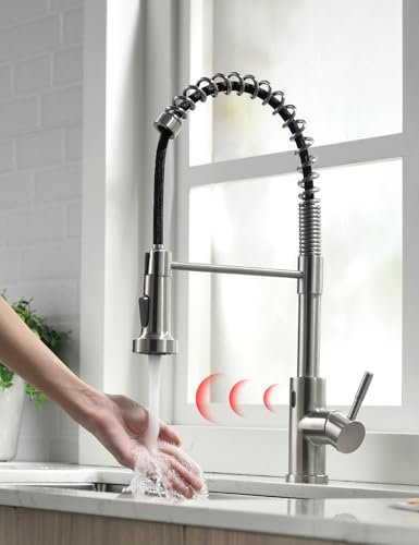 TIMACO Robinet de cuisine à capteur infrarouge avec douchette extensible - Pivotant à 360° - Mitigeur monocommande pour cuisine - Robinet à ressort hélicoïdal - Nickel brossé