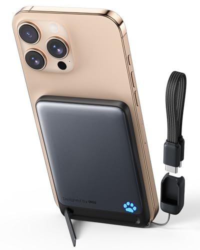 INIU Ultratunn 5000mAh Magnetiskt Powerbank, Qi2-certifierad 15W Trådlös Snabbladdning, 20W PD USB-C in&ut Externt Batteri, Bärbar Laddare med Stativ, kompatibelt med iPhone 16 15 14 13 12