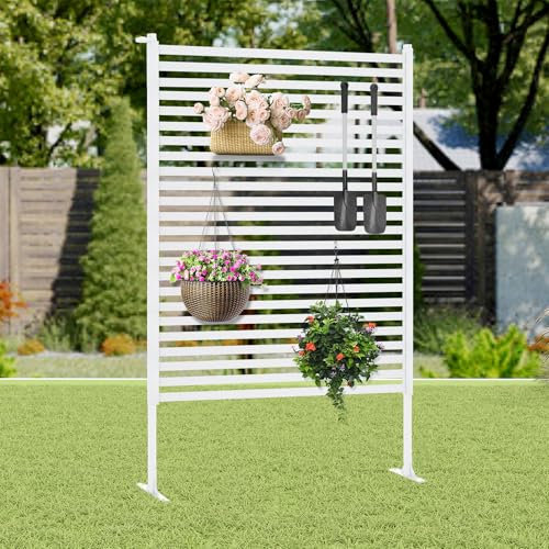 Carotex Outdoor Privacy Screen with Stand, Rustproof Metal Fence Panel, 35.43’’x 59.06’’ PE-Coated Steel Slats, Decorative Privacy Fence for Patio, Garden, Backyard, Trash Can, White(1 Panel)