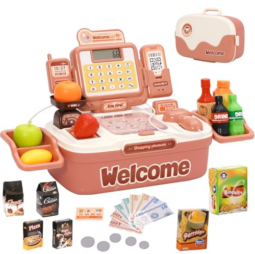 Kids Toy Till Cash Register with Scanner Microphone,Play Food Set Accessories,Mini Supermarket Shop Toys,Childs Pretend Role Play Learning Gifts for Age 3 4 5 Boys Girls (Pink)