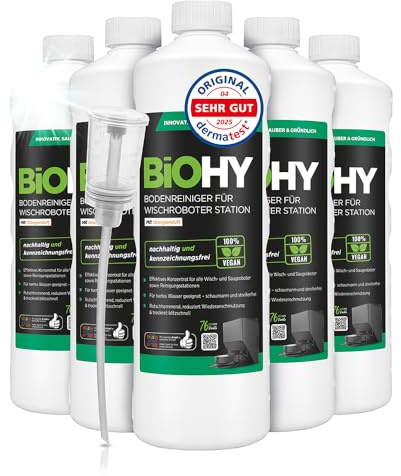 BIOHY Nettoyant pour sol pour station de robot laveur avec parfum d’orange (6 x 1 litre) + doseur | Nettoyant concentré pour tous les robots laveurs et aspirateurs avec fonction humide | Faible