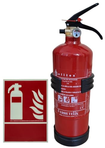 FERRETELIX® Extincteur 2 kg ABC (efficacité 8A 34B C) + support + panneau photoluminescent 21 x 30 cm - Homologué - Fabriqué en Espagne - Année 2025 G