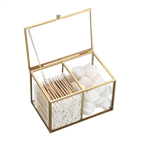 SUMTree Gold Glass Cotton Swab Holder with 2 Compartments, Cotton Bud Qtip Holder Dispenser, Bathroom Cotton Pads Organiser with Lids, Bathroom Canister, Bathroom Accessory, 14*9.5*9cm