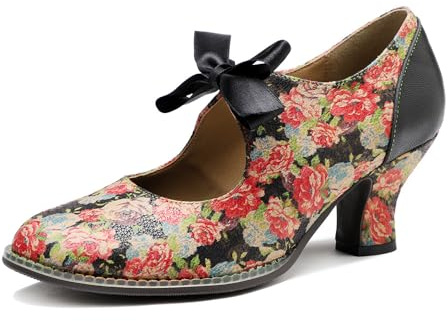 Läder Mary Jane-skor, kvinnors färgglada lappord blockklack pumps vintage Mary Jane-skor mitten kattunge klack pumps skor ankelrem bröllopsklänning kväll fest skor, blomma, 39 EU