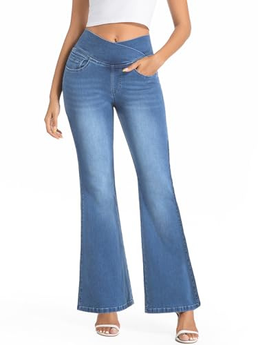 VX VONXURY Vaqueros Elásticos Mujer Acampanados Cintura Alta Lavado Push Up Levanta Glúteos Control Abdominal Pantalon Campana Mujer con 4 Bolsillo, ​Azul Genuino​​