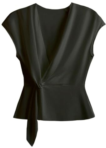 Verdusa Women's Wrap V Neck Cinched Waist Tops Twist Knot Elegant T Shirts Black Medium